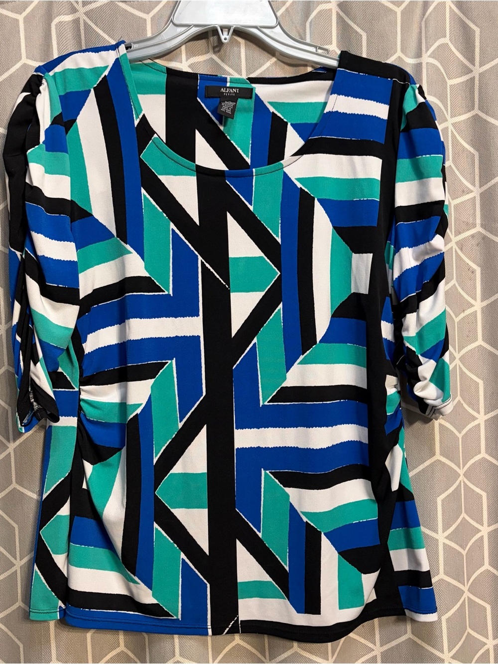 Alfani Blue, Teal & Black Geometric Short-Sleeve Blouse